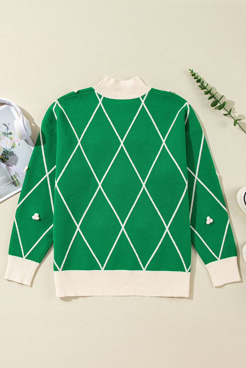 Dark Green Diamond Pom Pattern Contrast Trim High Neck Sweater