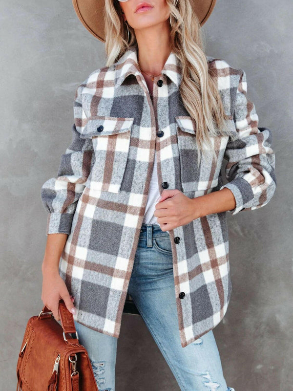 Plaid Collared Neck Long Sleeve Jacket - Stylish & Comfortable