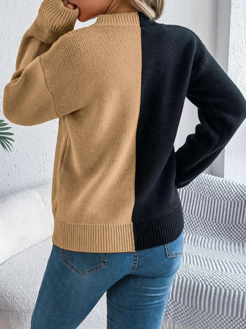 Contrast Round Neck Long Sleeve Sweater - Stylish & Comfortable