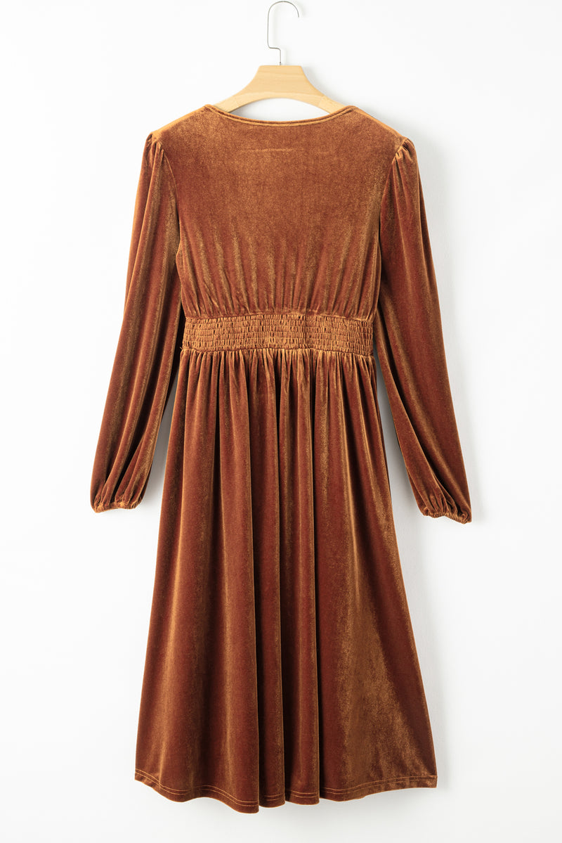 Camel Wrap V Neck Smocked High Waist Velvet Midi Dress