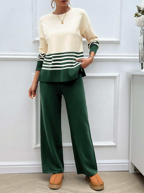 Devine Slit Striped Round Neck Top - Stylish Sweater Set