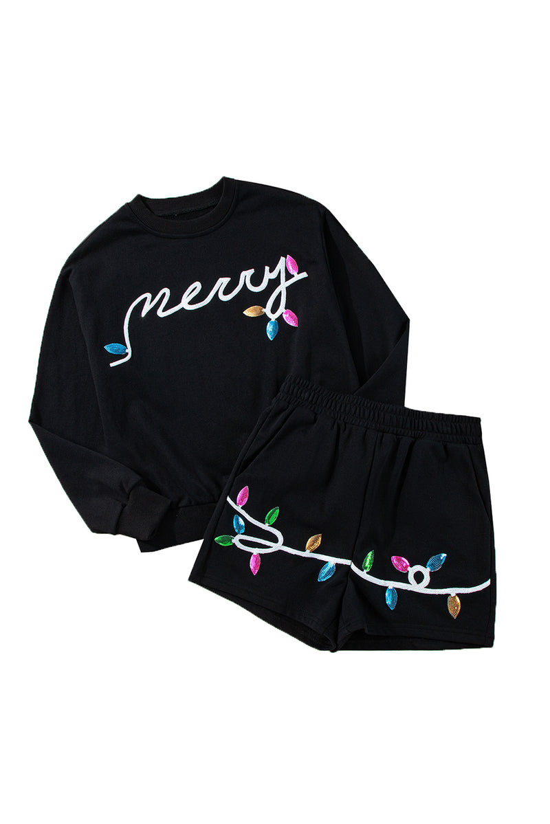 Black Sequin Merry Graphic Pullover and Shorts Set