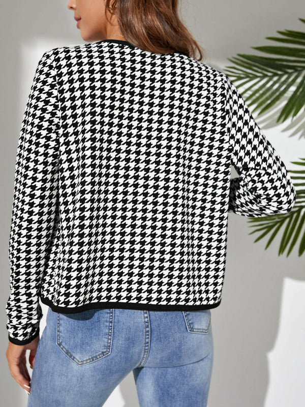 Houndstooth Open Front Long Sleeve Jacket - Stylish & Versatile