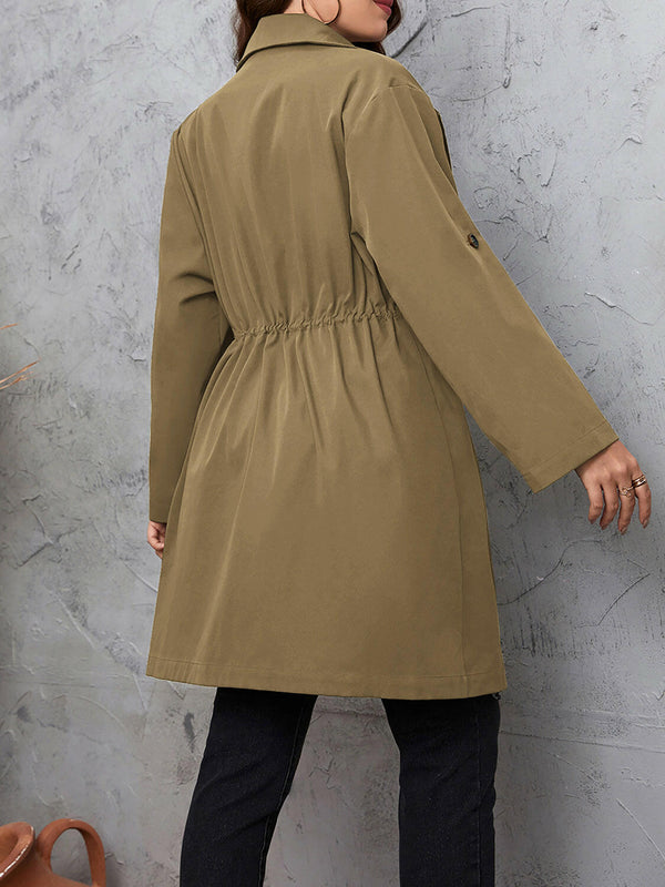 Lapel Collar Drawstring Roll-Tab Sleeve Plus size Fashion Trench Coat