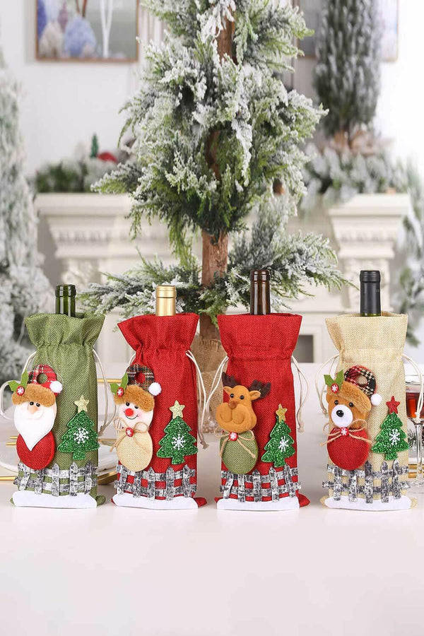 4-Pack Drawstring Christmas Wine Bottle Covers - Set of 4