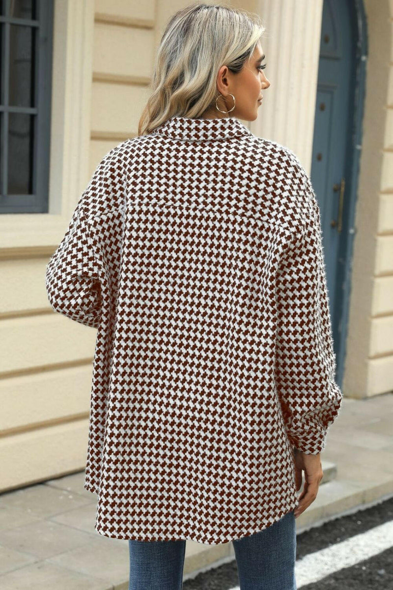 Dropped Shoulder Coat - Houndstooth Button Up Design