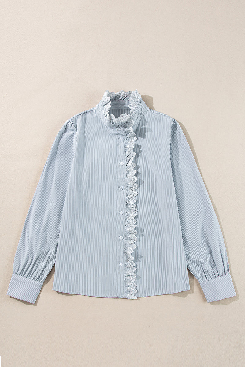 Sky Blue Striped Lace Trim Button Up Shirt