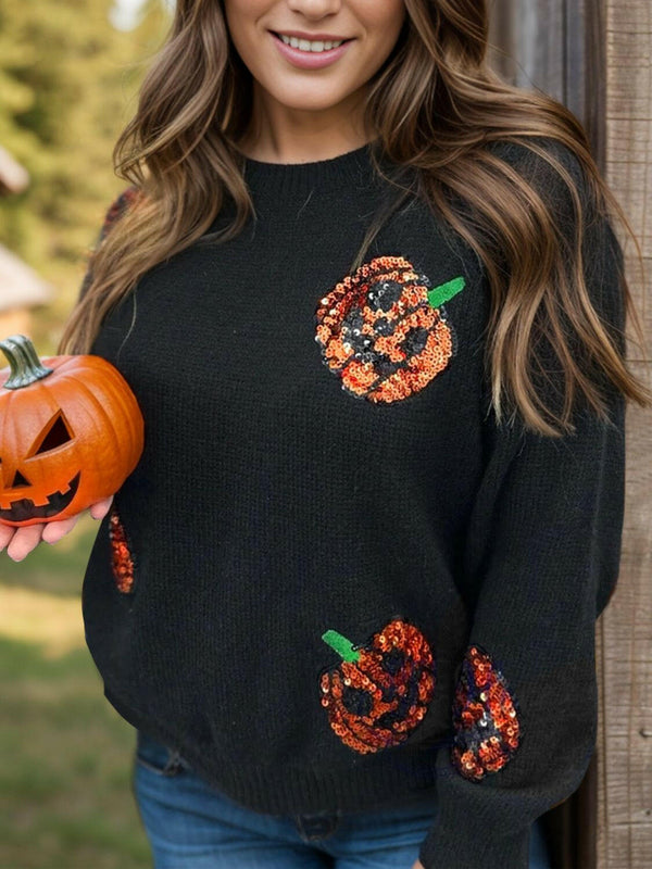 Size Sequin Pumpkin Round Neck Sweater for Plus Size Fashion