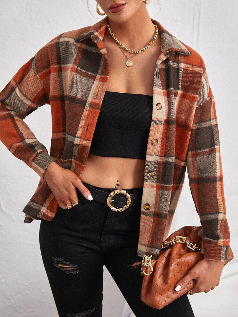 Plaid Collared Neck Button Down Jacket - Stylish & Comfortable