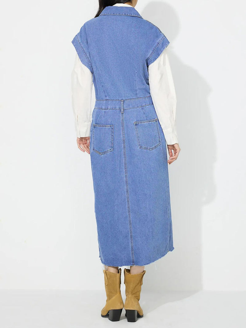 Slit Half Button Collared Neck Cap Sleeve Denim Dress