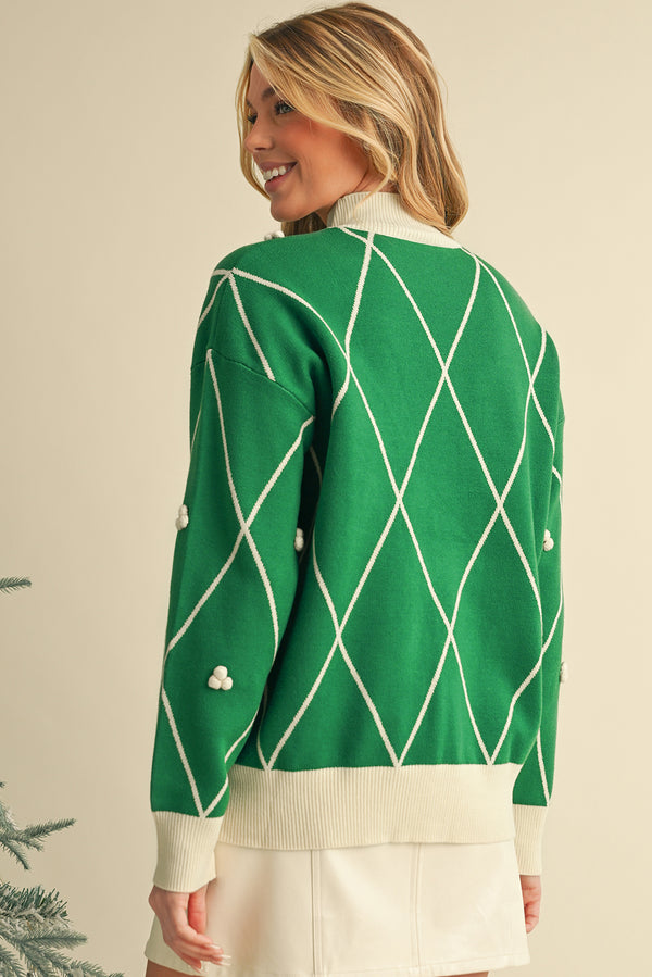 Dark Green Diamond Pom Pattern Contrast Trim High Neck Sweater