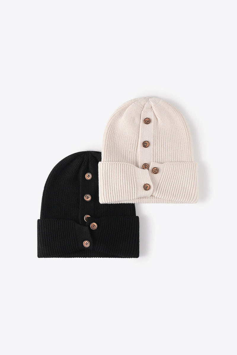 Button Detail Rib-Knit Cuff Beanie - Stylish Winter Accessory