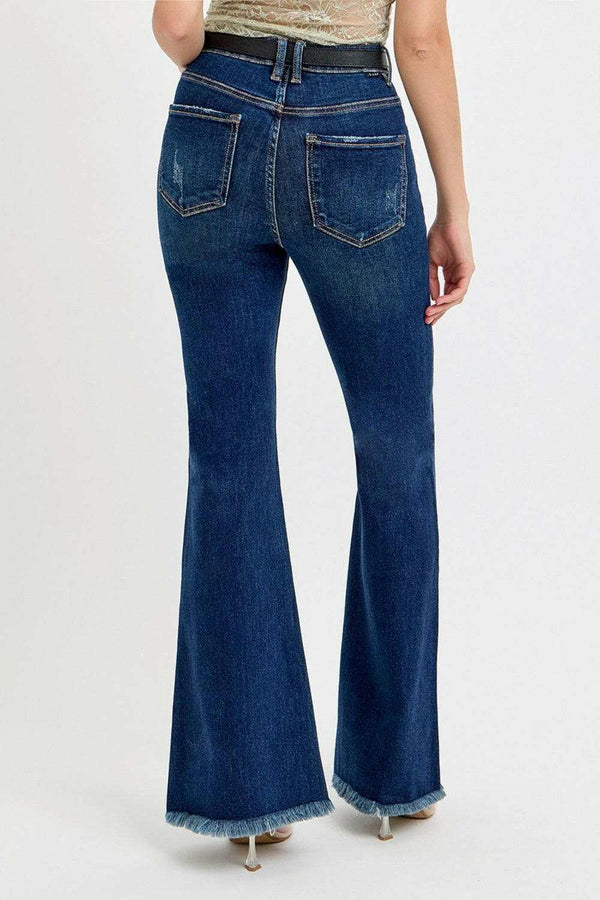 RISEN Tummy Control Frayed Hem Flare Jeans for Stylish Fit