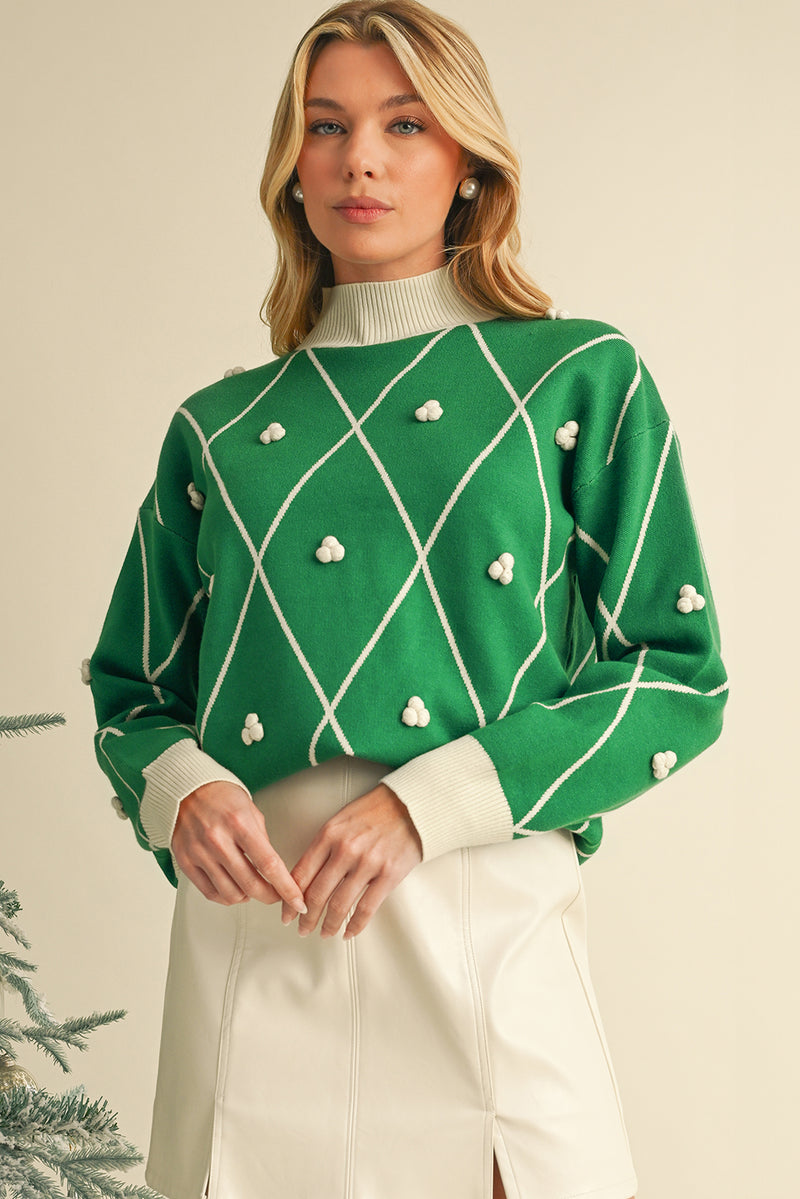 Dark Green Diamond Pom Pattern Contrast Trim High Neck Sweater