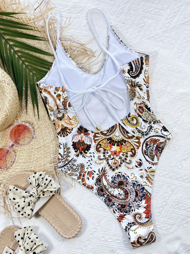 Printed Tie Back Scoop Neck - Stylish One-Piece Swimsuit