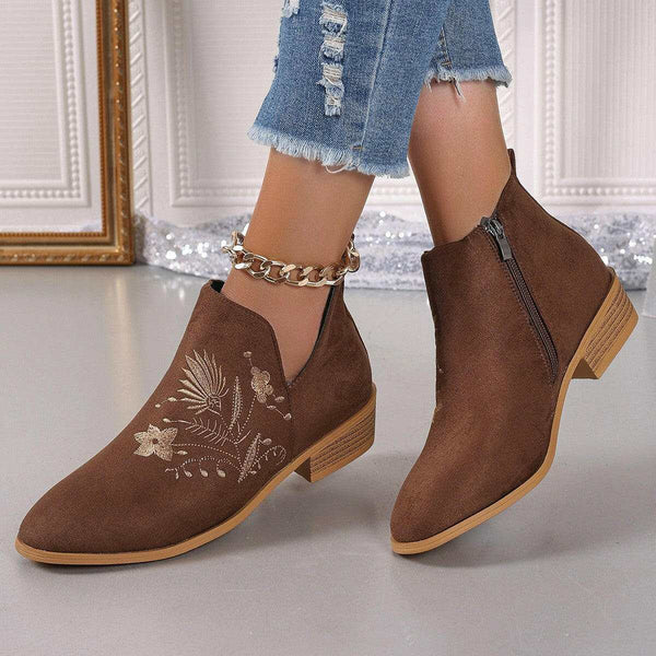 Embroidered Suede Point Toe Block Heel Boots for Stylish Comfort