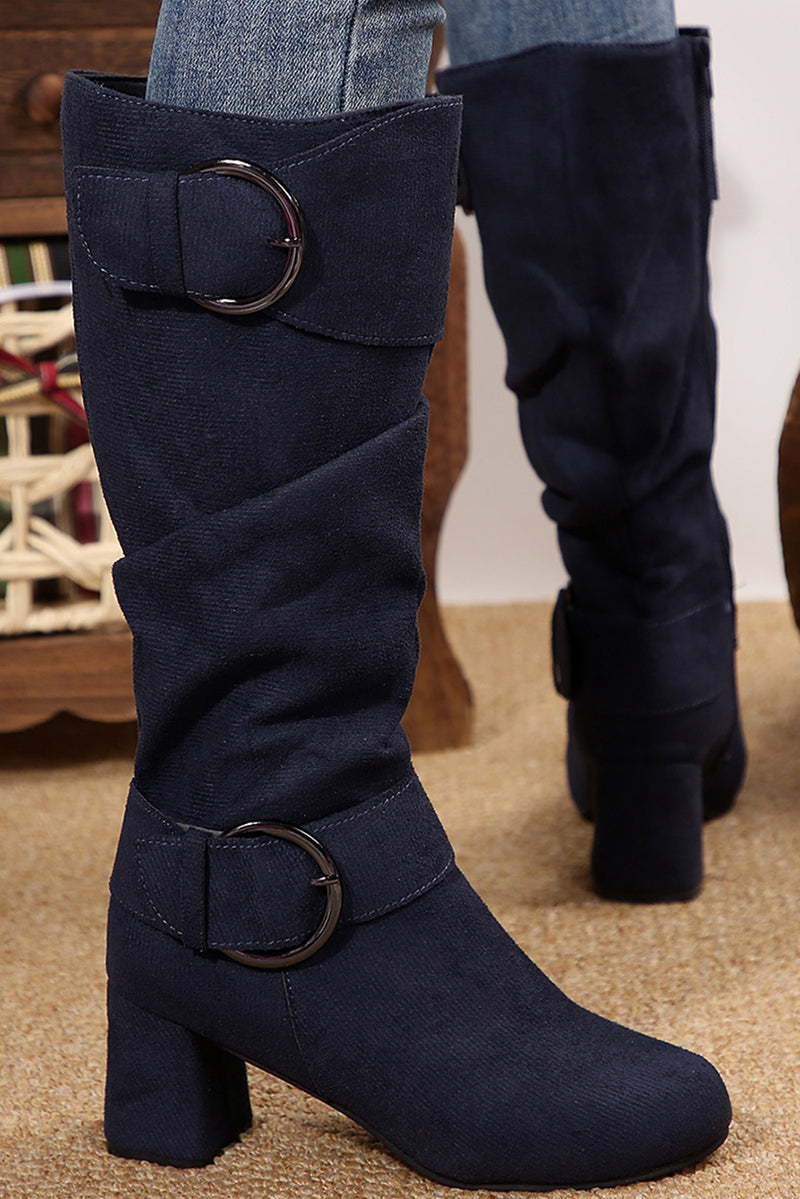 Coffee Suede Double Buckled Side Zipped Mid-calf Boots