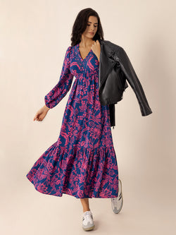 Printed V-Neck Long Sleeve Midi Dress