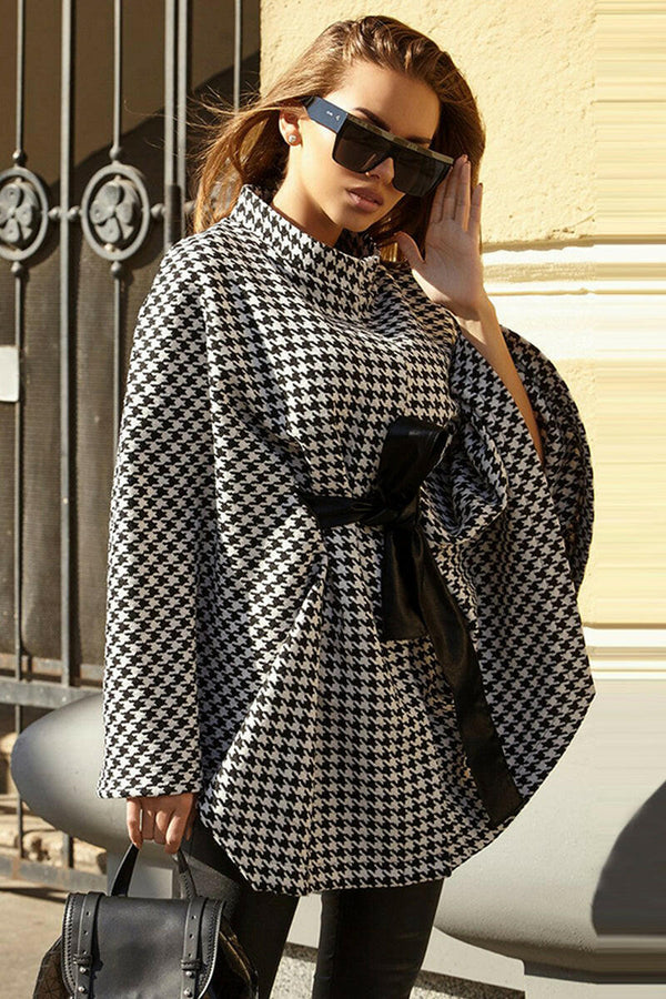 Houndstooth Tie Waist Trench Coat - Stylish & Relaxed Fit 