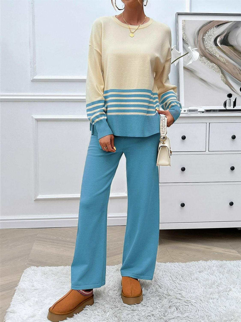 Devine Slit Striped Round Neck Top - Stylish Sweater Set