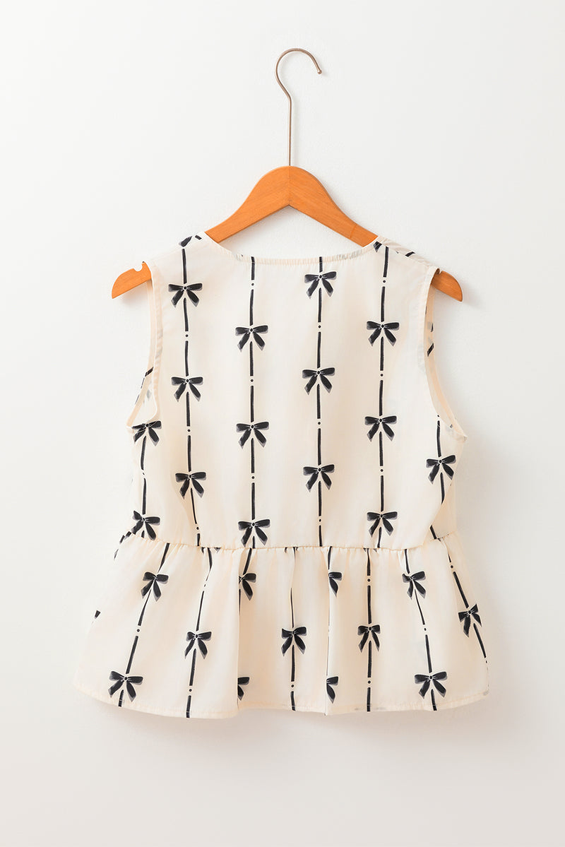 White Sweet Bow Print Tie Front Sleeveless Top