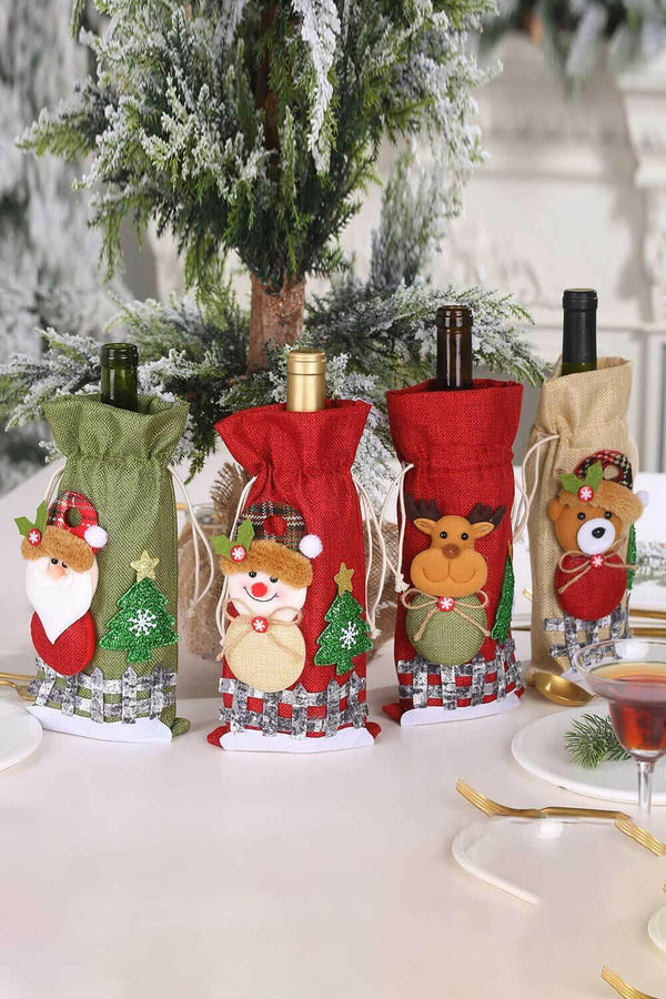 4-Pack Drawstring Christmas Wine Bottle Covers - Set of 4