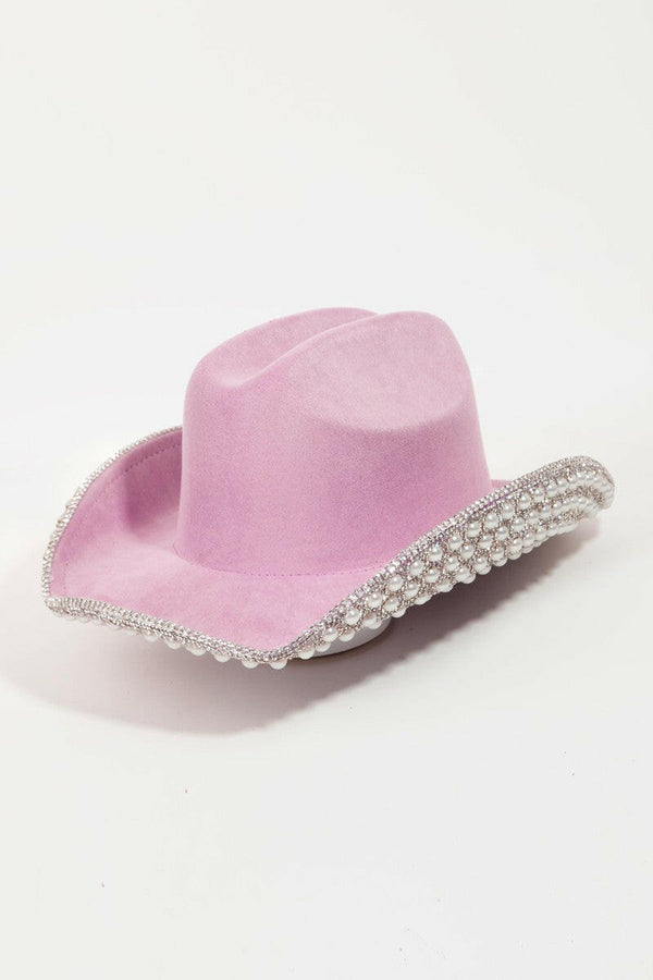 Fame Pave Rhinestone Pearl Trim Cowboy Hat - Glamorous Accessory