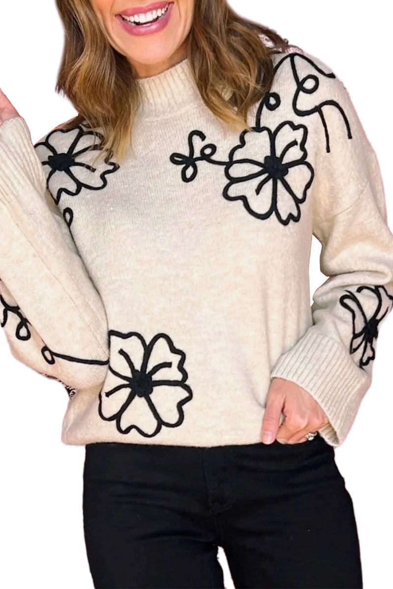 Beige 60s Flower Mock Neck Knit Sweater