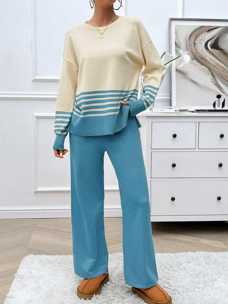 Devine Slit Striped Round Neck Top - Stylish Sweater Set