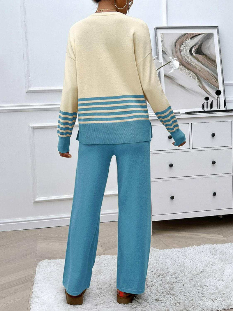 Devine Slit Striped Round Neck Top - Stylish Sweater Set