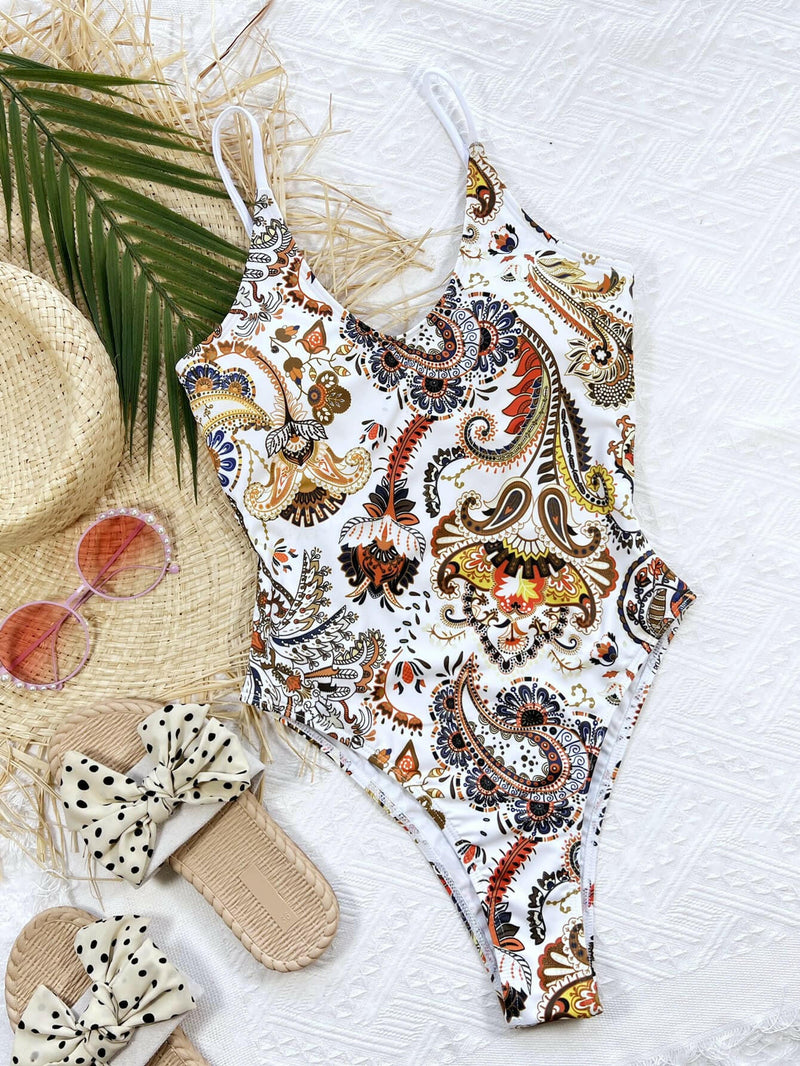 Printed Tie Back Scoop Neck - Stylish One-Piece Swimsuit