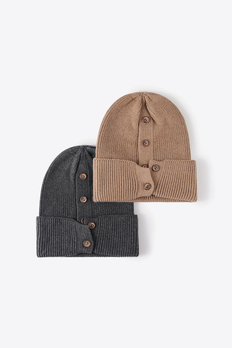 Button Detail Rib-Knit Cuff Beanie - Stylish Winter Accessory