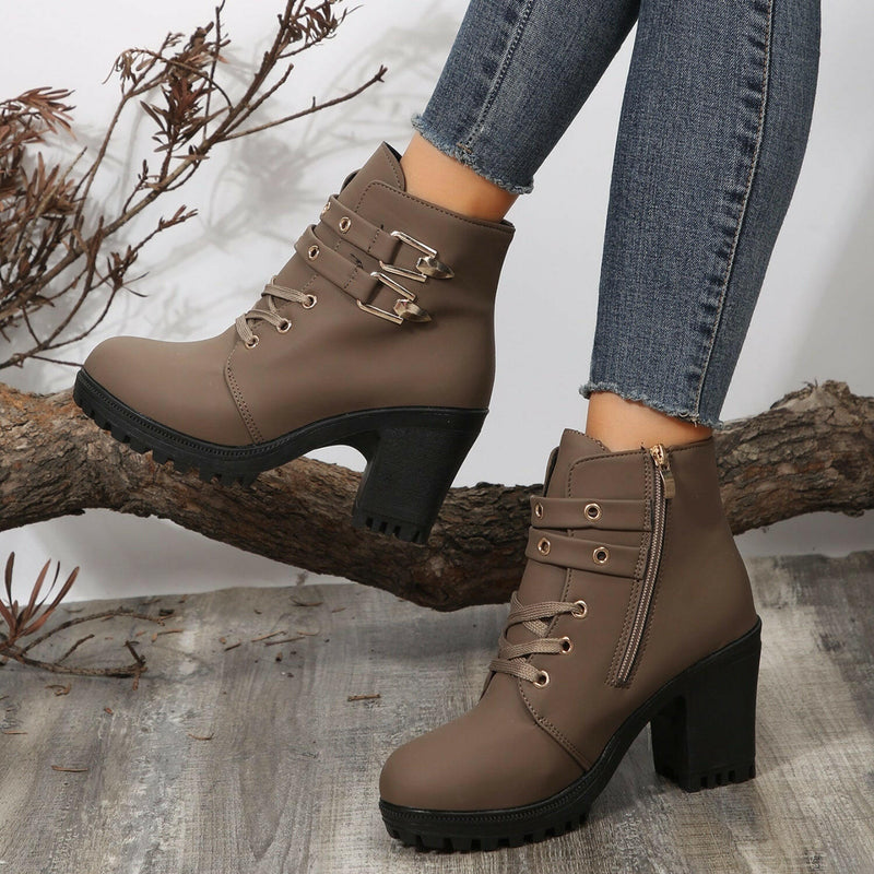 PU Leather Round Toe Block Heel Boots - Stylish & Comfortable