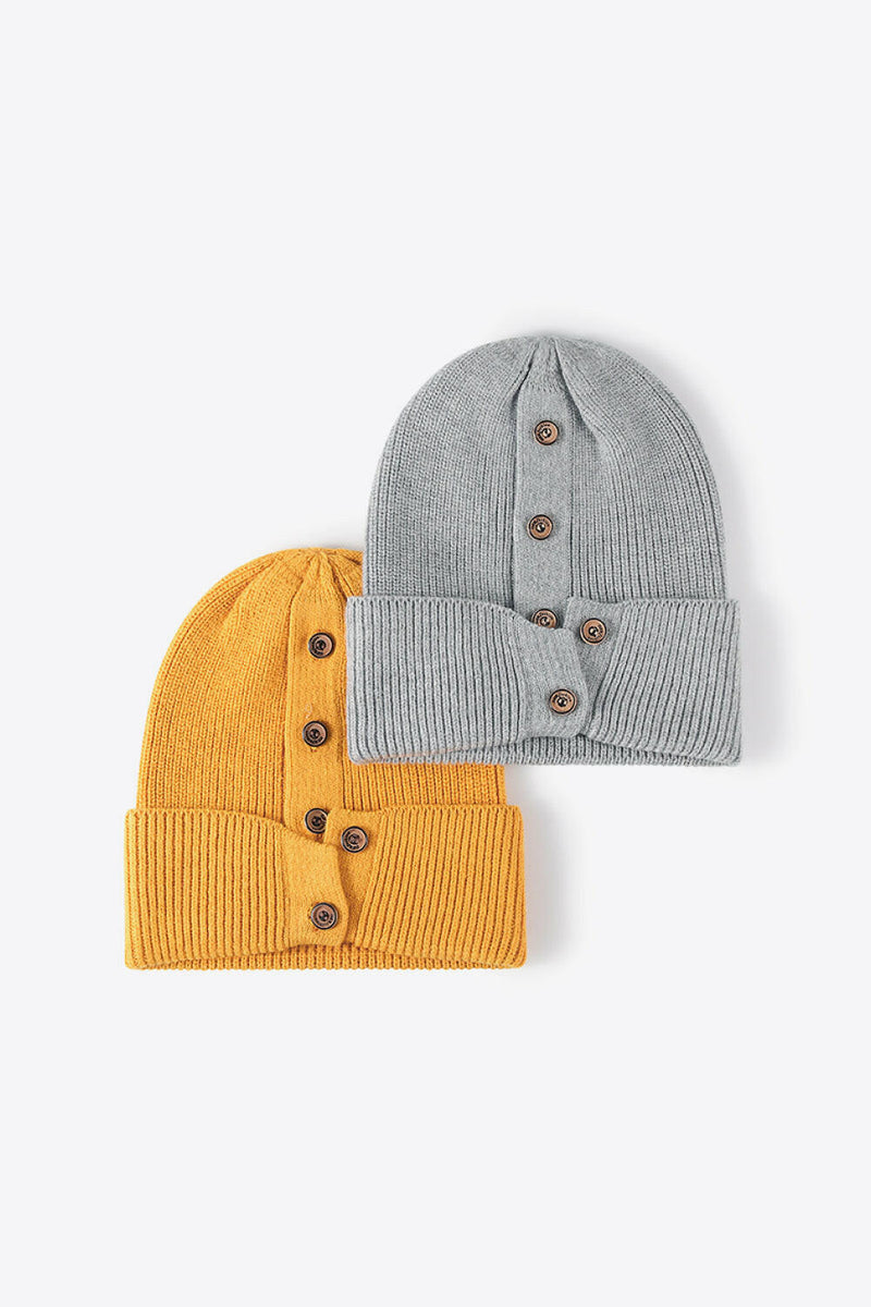 Button Detail Rib-Knit Cuff Beanie - Stylish Winter Accessory