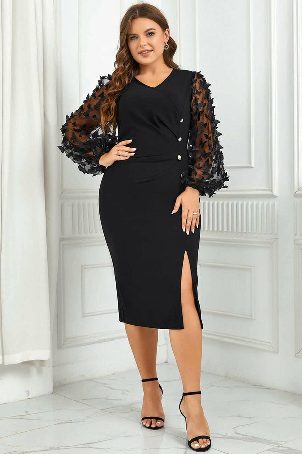 Size Butterfly Applique Balloon Sleeve Slit Dress