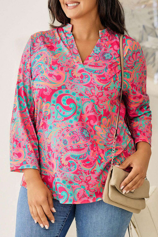 Size Printed Notched Long Sleeve Blouse