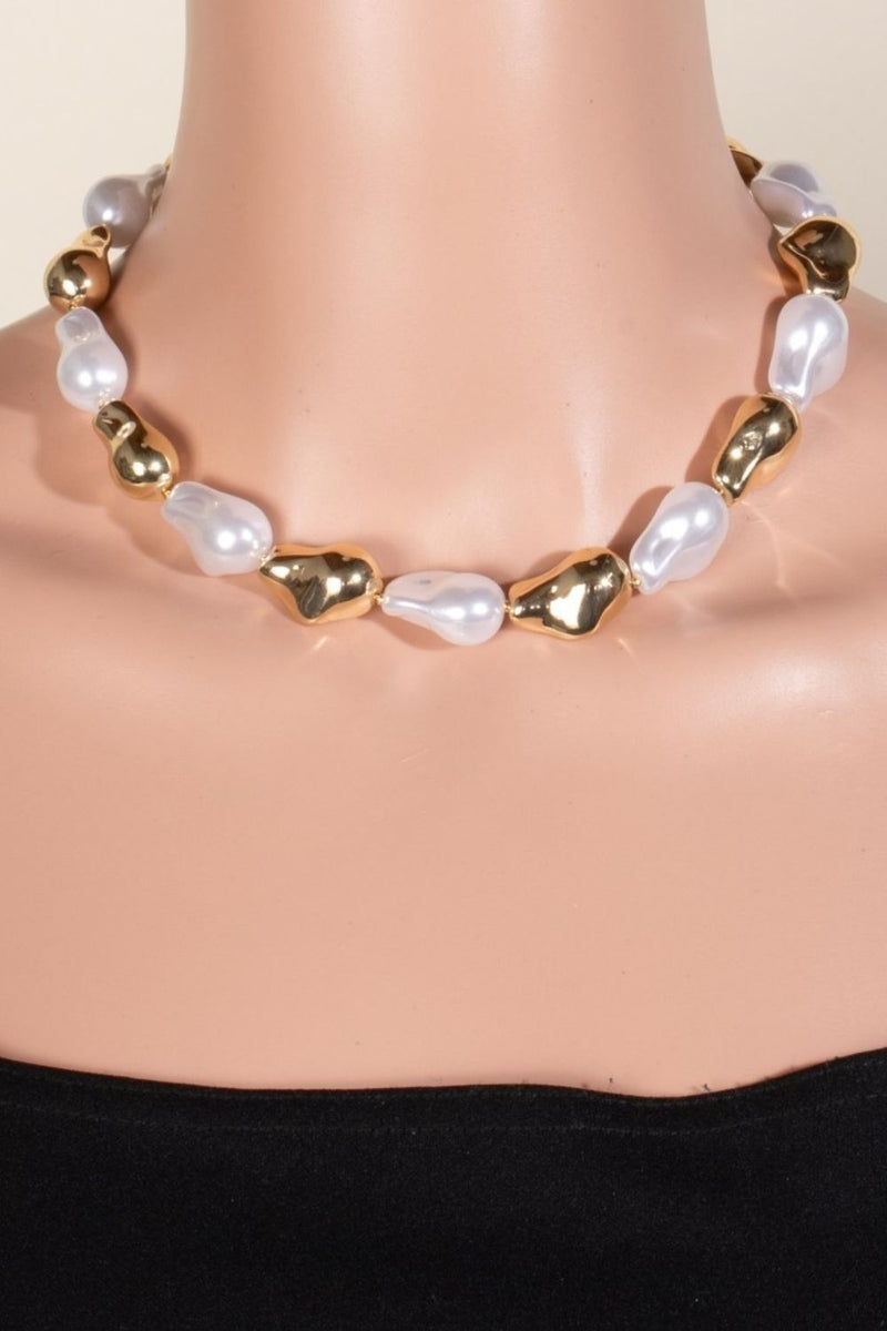 Fame Synthetic Pearl and Metallic Beaded Necklace