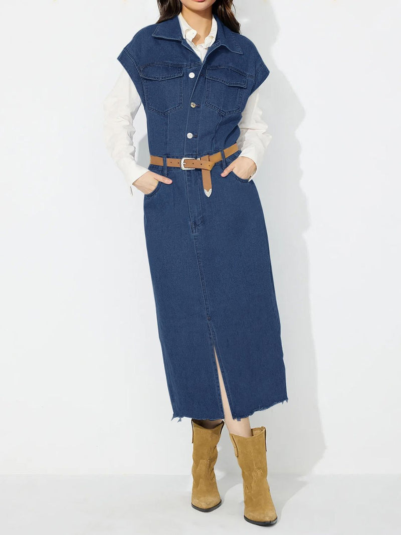 Slit Half Button Collared Neck Cap Sleeve Denim Dress