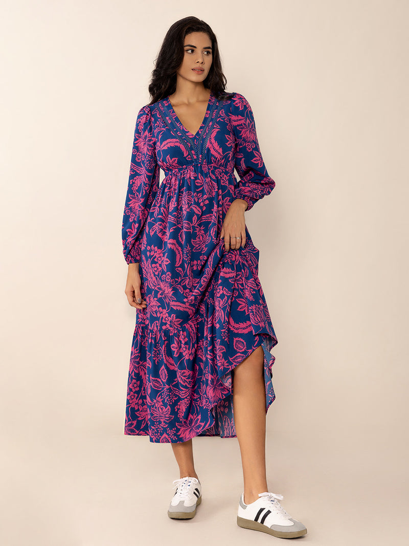 Printed V-Neck Long Sleeve Midi Dress