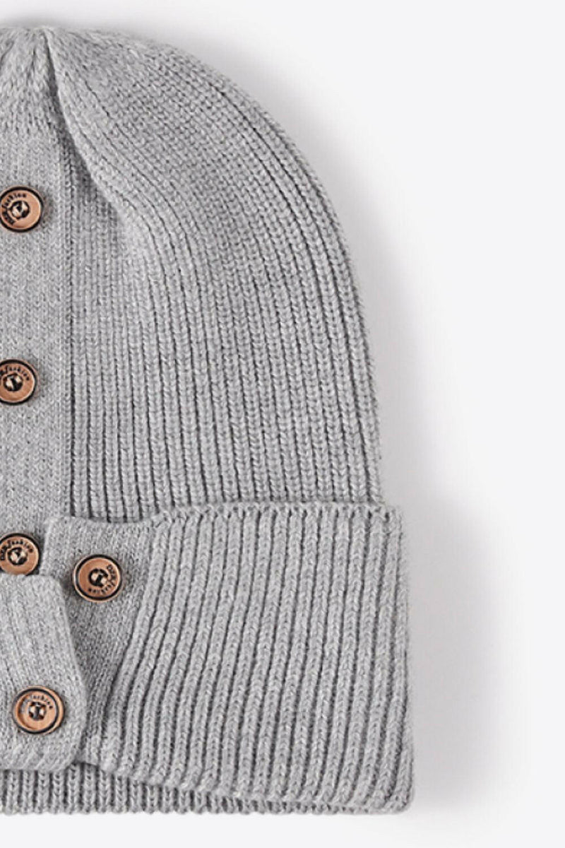 Button Detail Rib-Knit Cuff Beanie - Stylish Winter Accessory