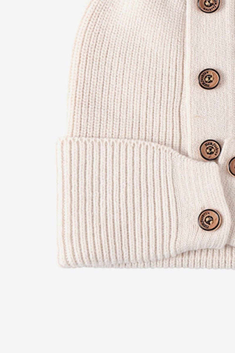 Button Detail Rib-Knit Cuff Beanie - Stylish Winter Accessory