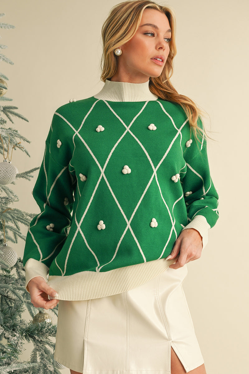 Dark Green Diamond Pom Pattern Contrast Trim High Neck Sweater