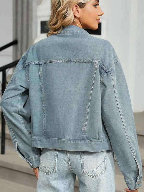 Rhinestone & Peal Trim Button Long Sleeve Denim Jacket